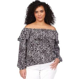 Michael Kors Plus Size Animal Print Off The Shoulder Top 2X White Black NWT